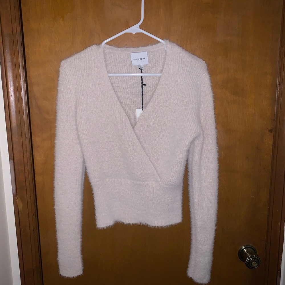 Pink Rose fuzzy off white sweater-M, NWT